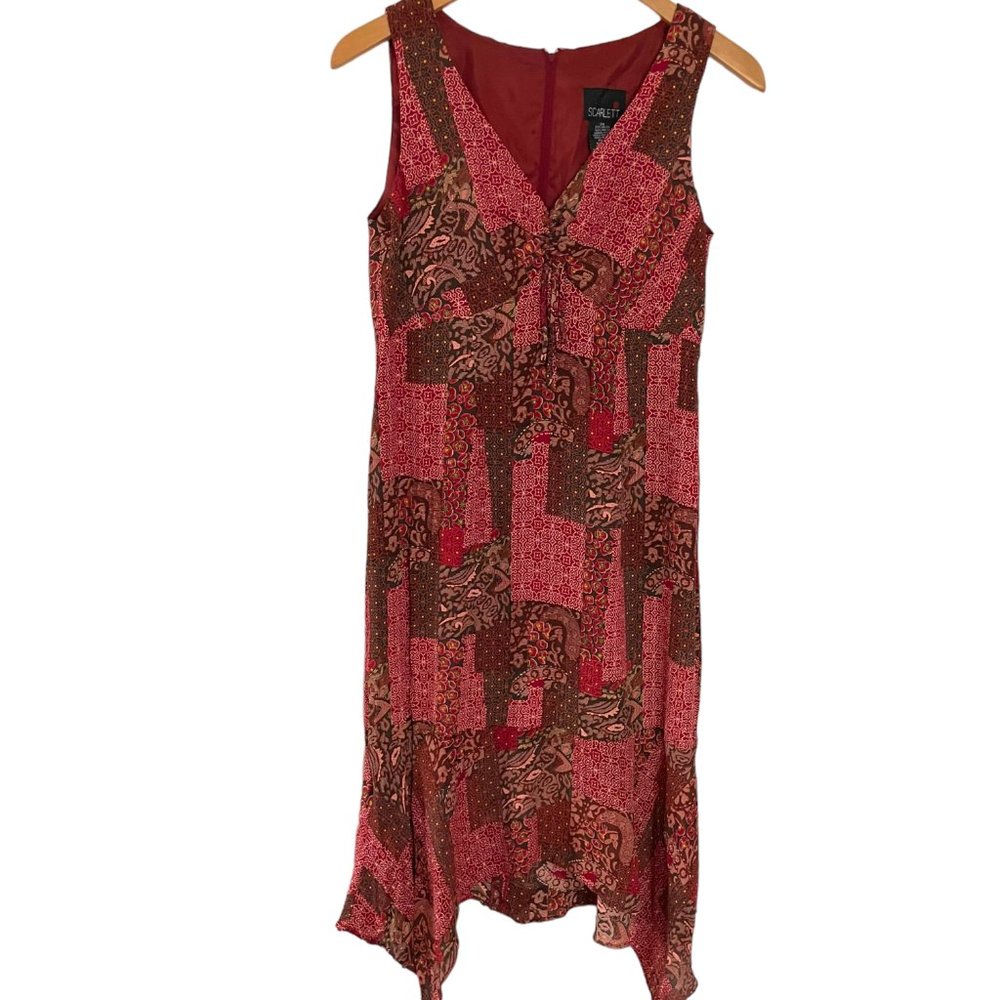 Y2K Scarlett Sun Dress S Red Patchwork Floral Handkerchief Hem Boho Gypsy Fairy